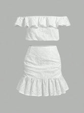 Women Fashionable Solid Color Off Shoulder Ruffled Top And Skirt Set